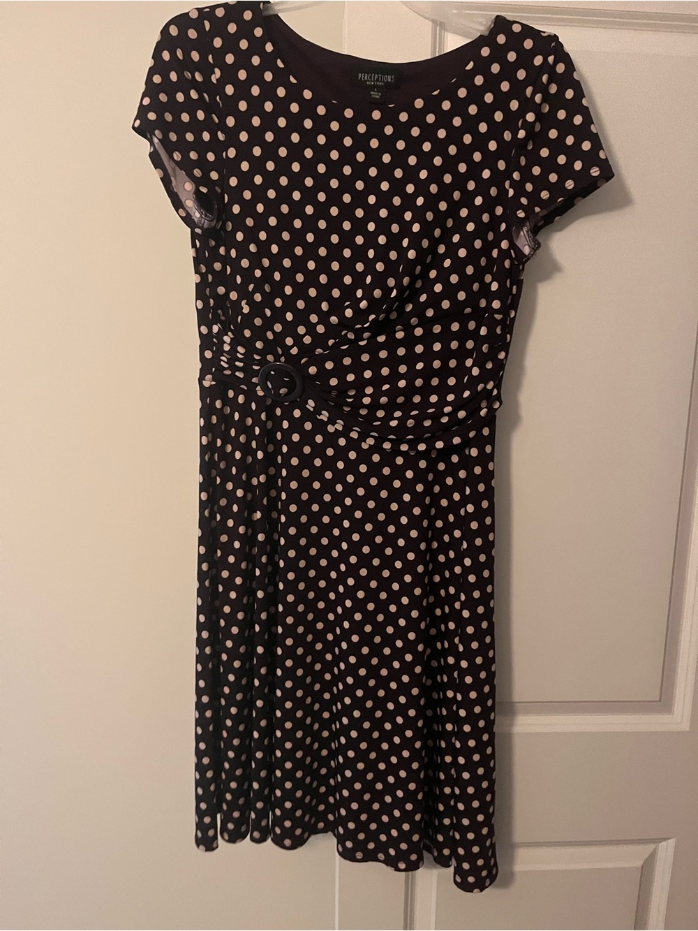 Perceptions Black and Cream Polka Dot Dress with Waist Accent
